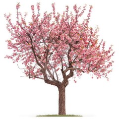 A peach tree with soft, pink blossoms and fuzzy fruit isolated on a white background