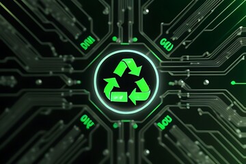Futuristic scene of green technology innovations on a circuit board with recycle emblem on a vibrant background.