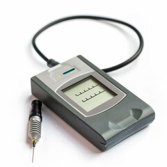 A precise pH meter with a digital display and a probe isolated on a white background
