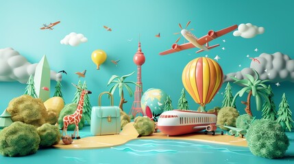 3D Illustration of Travel and Tourism Concept with Landmarks, Airplane, Hot Air Balloon, Suitcase, and Giraffe