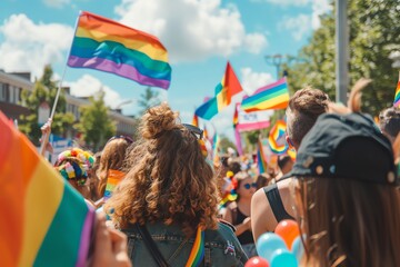 LGBTQ+ pride parade with colorful flags, joyful people, and a vibrant celebration of love and diversity. Sunny day with a festive atmosphere.