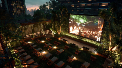 In the heart of the crowded city, the rooftop cinema attracts attention with its lush greenery and huge screen under the stars.