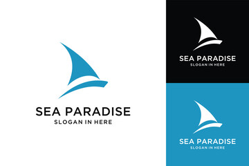 Sailling Boat Ship Vessel and sea wave vector logo design