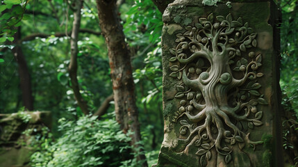 In a vibrant forest, an ancient carved tree is a symbol of healing and life, surrounded by the soothing sounds of nature.
