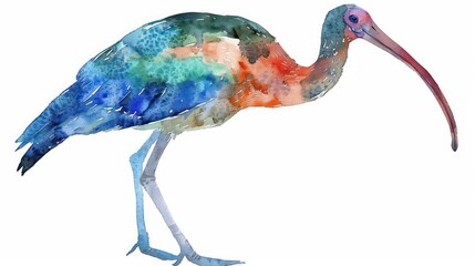 A striking watercolor ibis with a curved beak and sleek, elegant form isolated on a white background