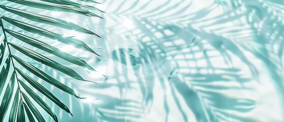 Elegant minimalist background concept featuring close-up water surface with gentle ripples and subtle blurred palm leaf shadows on the beach, evoking a peaceful, natural and pure atmosphere.