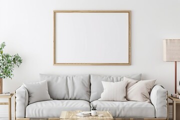 create a empty rectangle frame mockup in oak wood placed in a neutral color living room