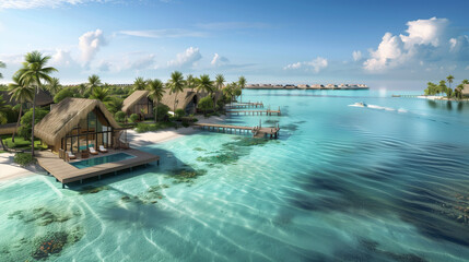 Obraz premium A high-class resort with overwater villas, clean lagoons and beaches, perfect for a lavish summer getaway.