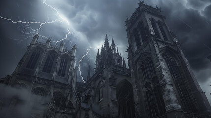 Obraz premium During a storm, Gothic cathedrals reveal a dramatic combination of architecture and the element of nature. Their tall towers and intricately carved details contrast with disturbing clouds and lightnin