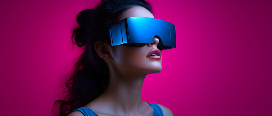 Woman Experiencing VR with Neon Lights