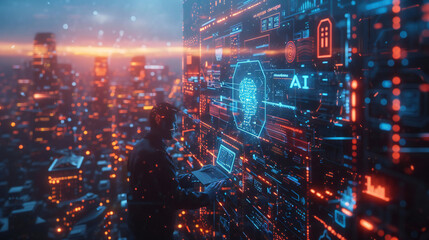 Cyber security system, biometric identification, data protection technology concept. Man using mobile phone with face scanning to access personal data and digital banking via mobile app 