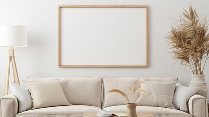 create an empty rectangular frame mockup in oakwood frame placed in a living room with neutral pastel walls, coffee table and couch, french provencial