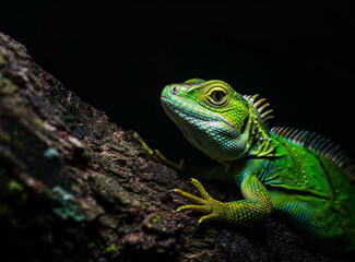 Fototapeta premium A green lizard on a black background. A large bright green iguana sitting on a tree trunk.