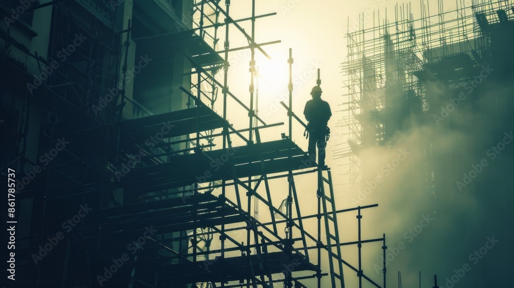 Poster A man is standing on scaffolding in front of a building