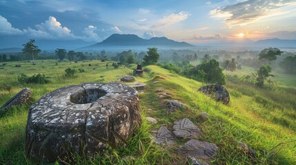 Ancient stone jars on a grassy hilltop at sunrise, surrounded by lush vegetation and mountains in the distance.