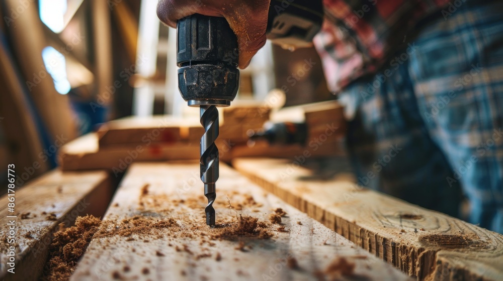 Poster a man is using a drill to make a hole in a piece of wood