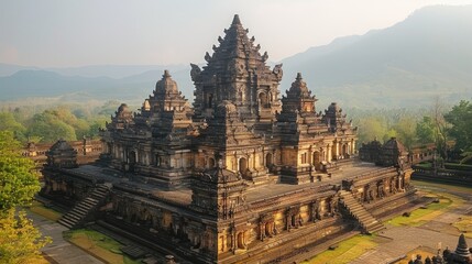 Obraz premium Ancient temple in a lush green setting under a hazy sky, showcasing intricate architecture and historical significance.