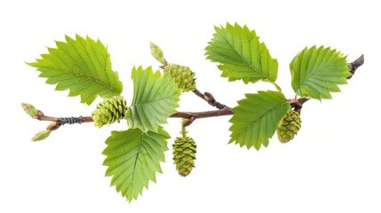 An alder tree with serrated leaves and small cones isolated on a white background