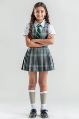 Fototapeta premium Happy confident Indian student schoolgirl wearing school uniform standing cross arm,generative ai