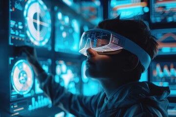 Young man wearing augmented reality glasses. Futuristic virtual charts and graphs on floating data high-tech interface displays