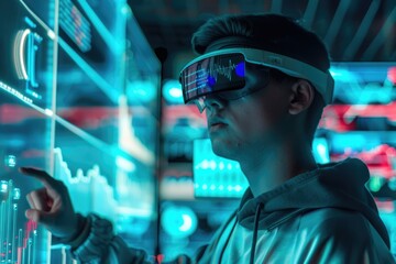 Young man wearing augmented reality glasses. Futuristic virtual charts and graphs on floating data high-tech interface displays