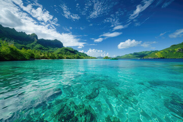 Crystal-clear turquoise lagoon surrounded by lush tropical islands in Bora Bora