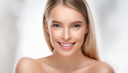 Close Up Portrait of a Smiling Woman Touching Her Face