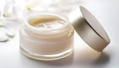 Close Up of Open Jar of White Cream With White Petals in the Background
