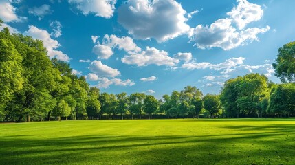 beautiful park with wooded area and a blue sky with clouds