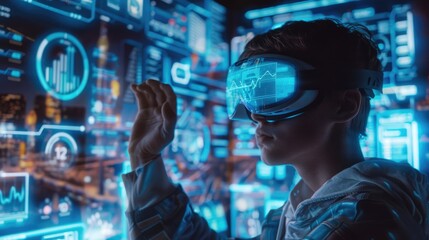 Young man wearing augmented reality glasses. Futuristic virtual charts and graphs on floating data high-tech interface displays