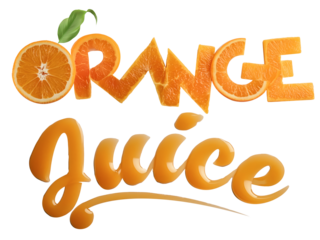Creative orange juice typography where the word "orange" is made of orange slices and the word "juice" is made of orange juice, isolated, transparent