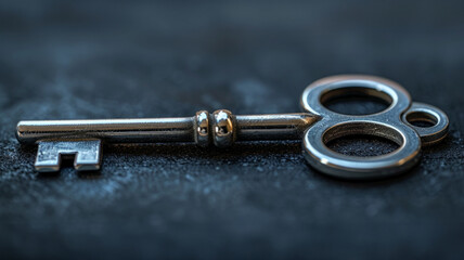 Close-up of an antique key on a dark surface.
