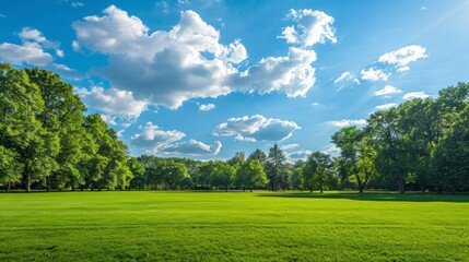 Fototapeta premium beautiful park with wooded area and a blue sky with clouds