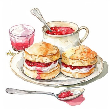 watercolor scones with jam and cream clip art preview