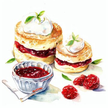 watercolor scones with jam and whipped cream clip art preview
