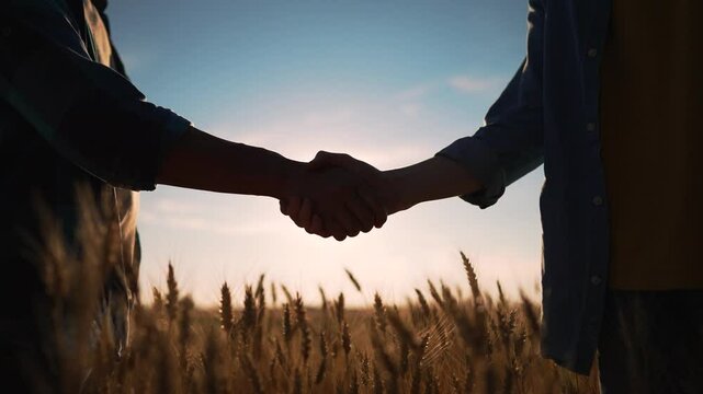 Handshake close-up in an agricultural field. teamwork. shaking hands to achieve joint goal. teamwork in wheat field. farmers in wheat field make contract with handshake. agricultural business concept