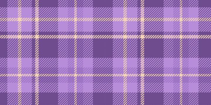 Seamless tartan pattern in purple and lavender shades with pale yellow highlights. The plaid design includes intersecting lines and squares, creating a classic and elegant textile style