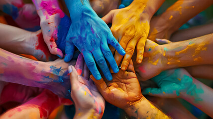 Fototapeta premium A group of people with their hands together, all wearing different colored paint