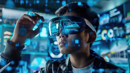 Young man wearing augmented reality glasses. Futuristic virtual charts and graphs on floating data high-tech interface displays