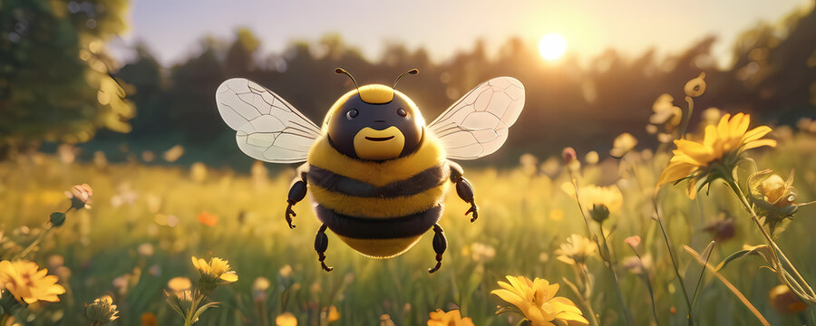 Comic bee at a meadow with sunset in background. Extremely detailed high resolution illustration