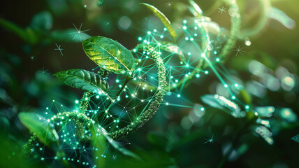 Concept of green biotechnology or synthetic biology, graphic of plant combined with DNA shape.generative ai