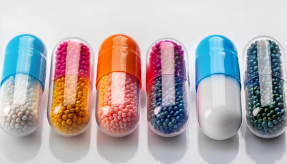 A Close Up View of Colorful Pills and Capsules on a White Surface