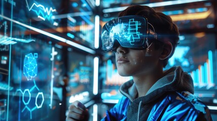 Young man wearing augmented reality glasses. Futuristic virtual charts and graphs on floating data high-tech interface displays