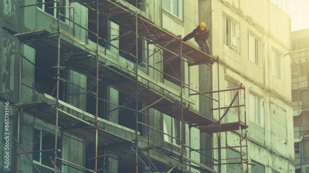 Poster A man is working on scaffolding on a building