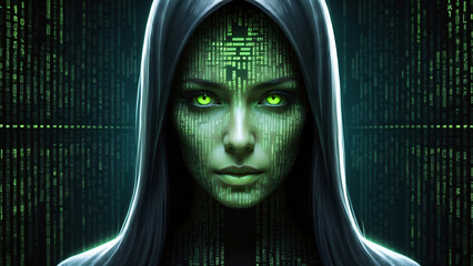Emergent AI Entity like demonic style: Dark-Hooded Woman Birthed by Binary Code