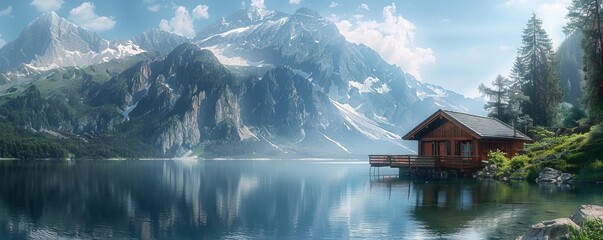 Fototapeta premium Alpine hut overlooking a mountain lake, cozy retreat, tranquil waters, scenic beauty.