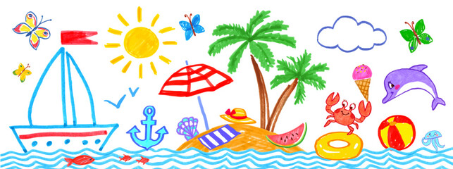 Felt pen hand drawn vector illustrations collection of child drawing of summer vacation art and objects