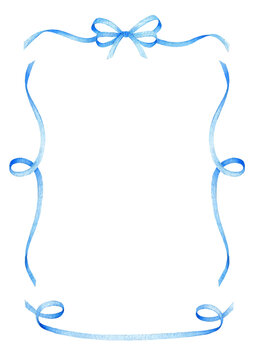 Blue ribbon bow frame, hand drawn watercolor illustration isolated on white background, template for greeting card or wedding invitation