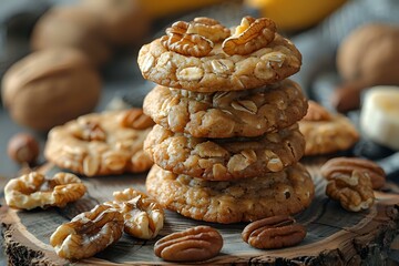 Obraz premium Stack of nut cookies with walnuts and pecans, perfect for food blogs, recipe websites, and culinary magazines. Crunchy and delicious.