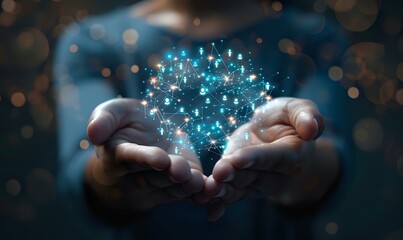 Hands holding a digital network sphere, ideal for technology blogs, innovation articles, and digital marketing campaigns. Futuristic and connected.
